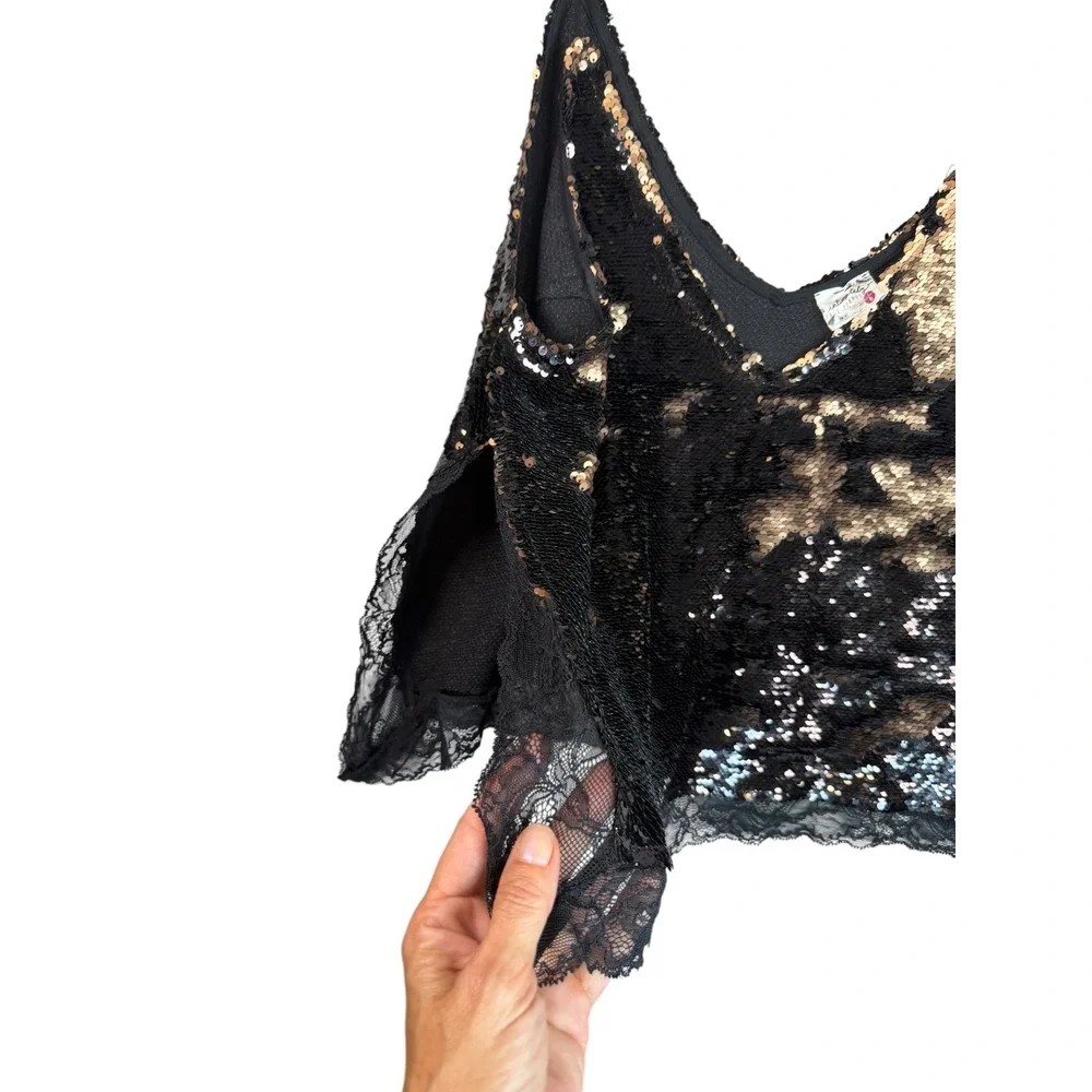 Intimately Free People Sequin Lace Trim Camisole Top Black Gold Large V-Neck